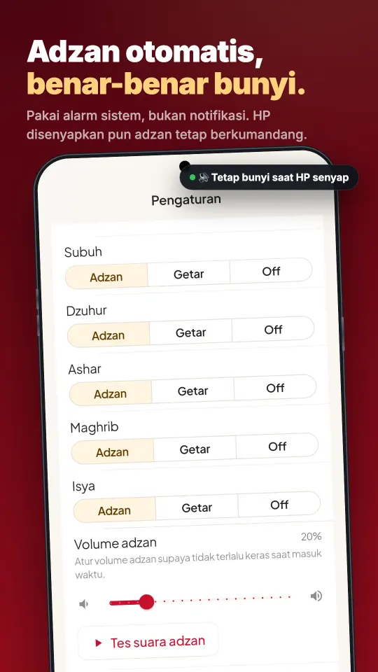 Atur adzan, getar, atau mati untuk setiap waktu sholat.